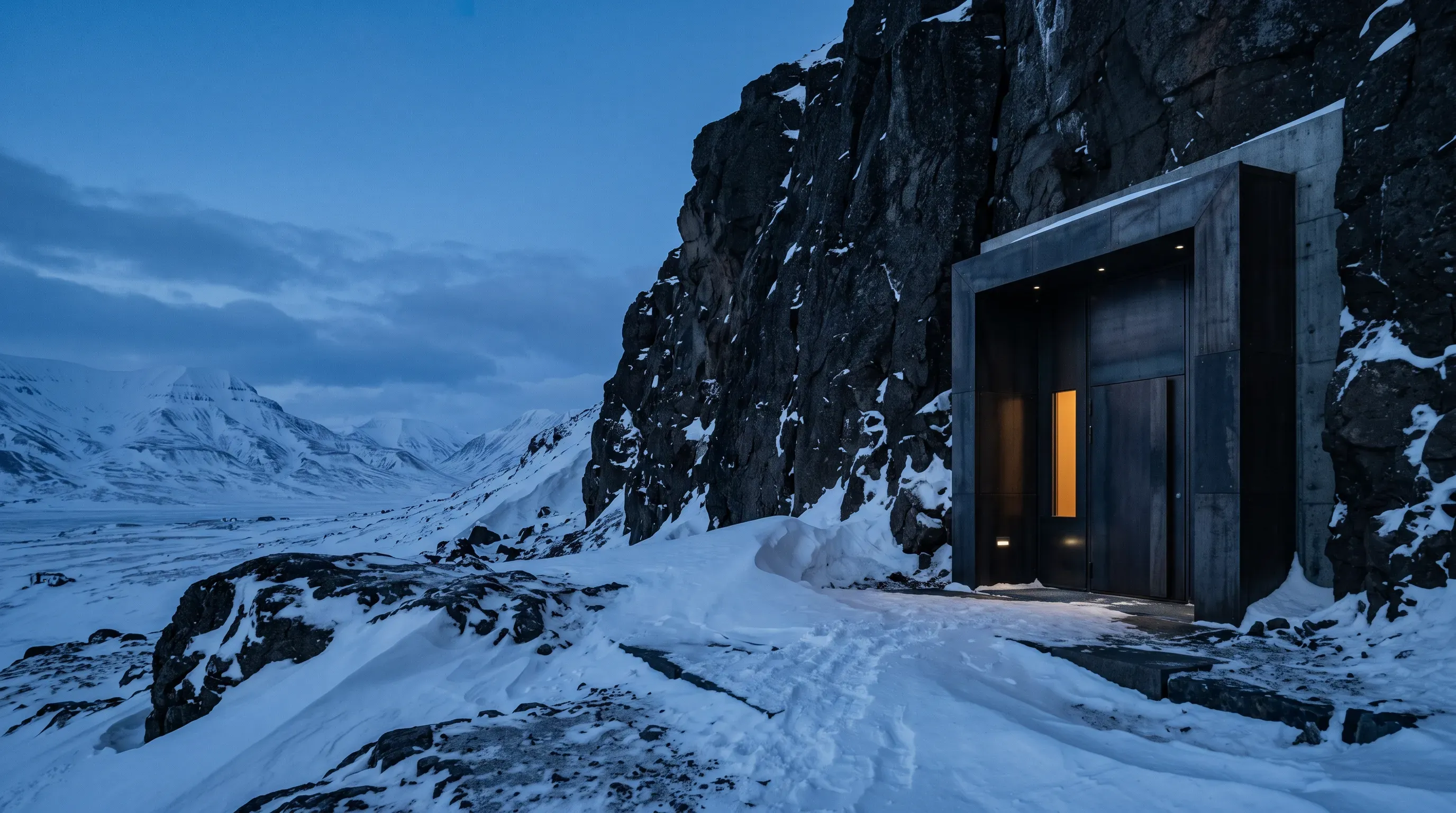 A monumental black stone vault in an Arctic landscape